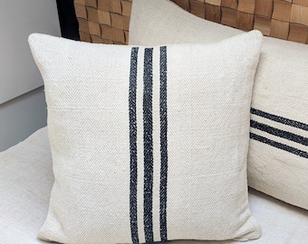 Authentic Grain Sack Square Pillow Cover / Antique linen / Handwoven hemp and cotton fabric / Black Stripes / Handmade Sham