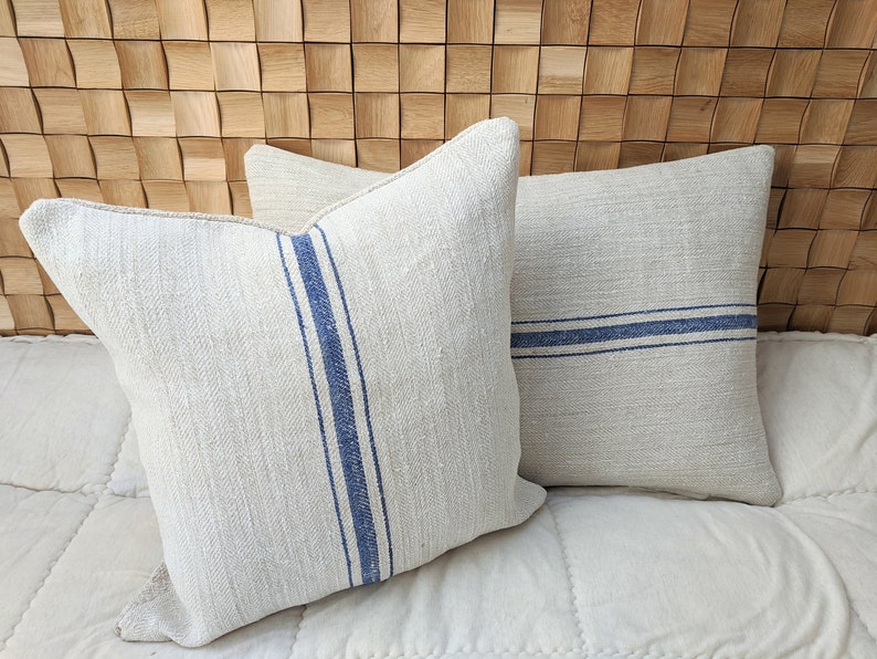 Grain sack body pillow cover, authentic antique european linen, vintage hemp fabric, blue stripes, french style, farmhouse, cottage, coastal image 2