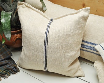 Authentic Grain Sack Pillow Cover / Antique linen / Handwoven hemp fabric / Blue and Black Stripes / Coastal