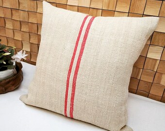 Authentic Grain Sack Pillow Cover / Antique linen/ Handwoven hemp fabric / Red Stripes / Handmade Pillow Sham - Christmas pillow