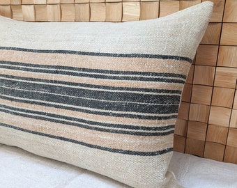 Authentic Grain Sack Body Pillow Sham Black and Caramel Brown Stripes / Antique linen / Handwoven hemp fabric / Handmade Pillow Sham