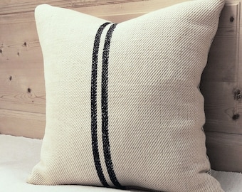 Authenti Grain Sack Square Pillow Cover / Antique linen / Handwoven hemp fabric / Black Stripes / Handmade Sham