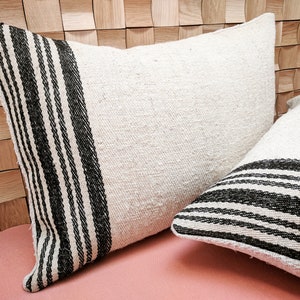 Authentic Grain Sack Lumbar Pillow Cover Black Stripes / Antique linen / Handwoven wool fabric / Grain sack square pillow