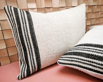 Authentic Grain Sack Lumbar Pillow Cover Black Stripes / Antique linen / Handwoven wool fabric / Grain sack square pillow