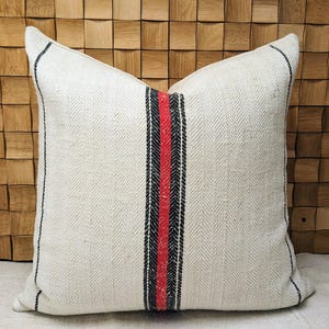 Grain Sack Pillow Cover • Antique Hemp fabric • Black and Red Stripes • European Linen Cushion • Rustic Farmhouse • French Style Cottage