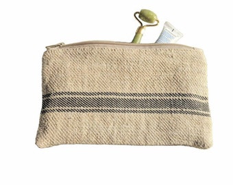 Grain sack toiletry pouch, antique grainsack zipper storage bag, heavy hemp travel bag, ecofriendly cosmetic bag, organic travel make up bag