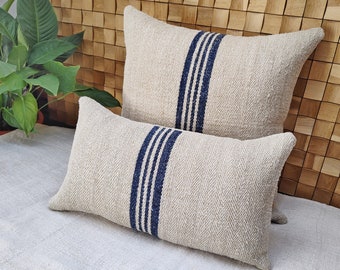 Authentic Grain Sack Pillow Cover / Antique european linen/ Handwoven hemp / Navy Blue Stripes / Lumbar - French Style Farmhouse 12"x21"