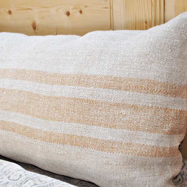 Authentic Grain Sack Body Pillow Sham / Caramel Brown Stripes / Antique linen / Handwoven hemp fabric / Handmade Pillow Sham-M
