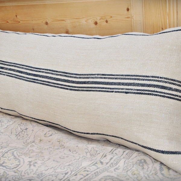 Authentic Grain Sack Body Pillow Sham Navy Blue Stripes / Antique linen / Handwoven hemp fabric / Handmade Pillow Sham