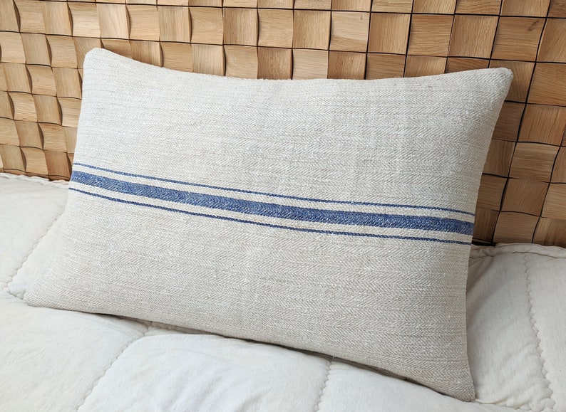 Grain sack body pillow cover, authentic antique european linen, vintage hemp fabric, blue stripes, french style, farmhouse, cottage, coastal image 1