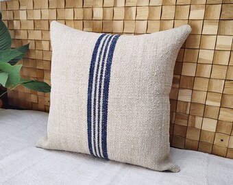 Grain sack pillow cover, authentic antique european linen, vintage hemp fabric, navy blue stripes, french style, farmhouse 22"x22"