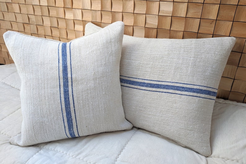 Grain sack body pillow cover, authentic antique european linen, vintage hemp fabric, blue stripes, french style, farmhouse, cottage, coastal image 5