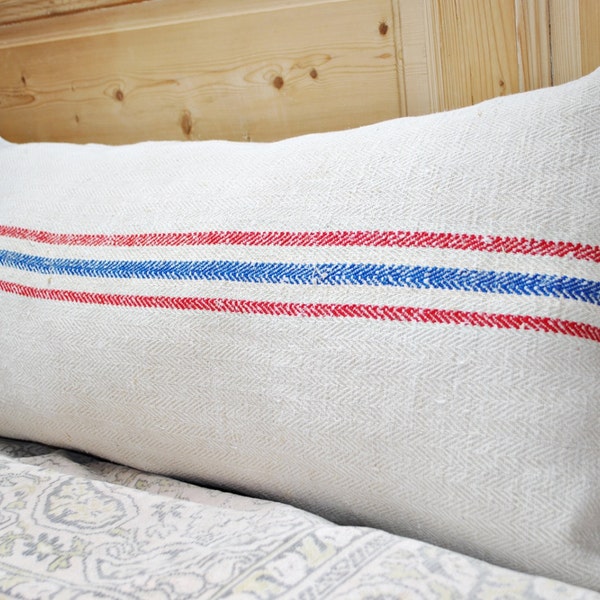 Authentic Grain Sack Body Pillow Sham Red and Blue Stripes / hemp and cotton handwoven fabric / Handmade Pillow Sham