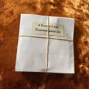 May include: A white envelope with a rubber band around it. The envelope has a label that says "6 String Lyre Fluorocarbon Set".