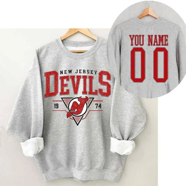 Personalisiertes Shirt mit Name und Nummer, Vintage 90er Jahre New Jersey Devils Shirt, Rundhalsausschnitt, New Jersey Devils Sweatshirt, Jersey Hockey Geschenk für Weihnachten