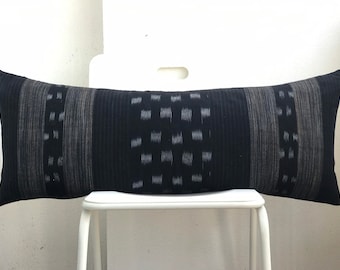 Black Tribal Hemp Hand Woven Natural Dye Color Hmong Lumbar Pillow Cover
