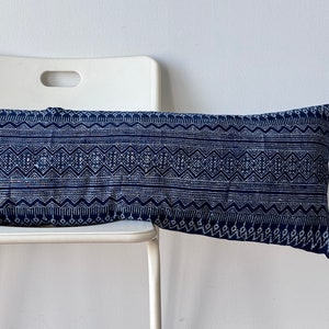 Hmong Lumbar Pillow: Indigo Batik, Embroidered Hemp (14&quot; x 48&quot;)