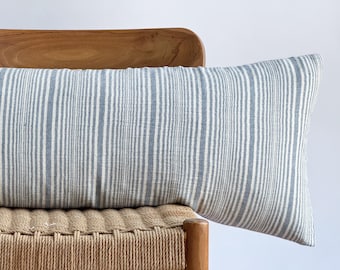Blue Striped Lumbar Pillow Cover: Woven Cotton, Boho Decor (14x36)