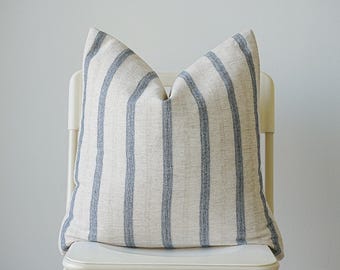 Blue Striped Linen Pillow Cover, Coastal Farmhouse Throw Cushion