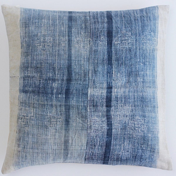 Boho Bohemian Vintage HMONG Hemp Textile Batik Hand dyed Embroidered Ethnic Textile Blue Navy Nautical Pillow Case (stains) S1P