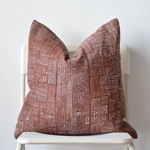 Vintage Hmong Hemp Pillow Cover: Brown Batik, Boho Farmhouse Decor (20x20)