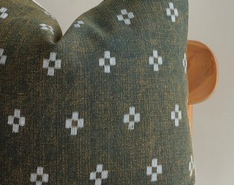 Olive Green Woven Throw Pillow Cover, Moss Green Textured Cushion with White Cross Pattern, High-End Boho Decor, Mid-Century Modern Pillow