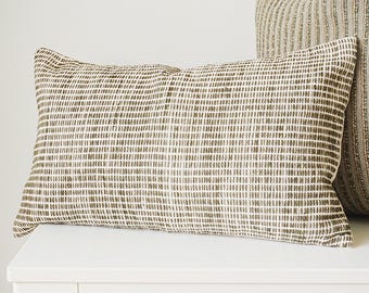 Olive Green Lumbar Pillow Cover, Hand Block Print Cotton, Japandi Minimalist Decor