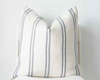 Neutral Hemp striped blue hand woven Pillow Cover