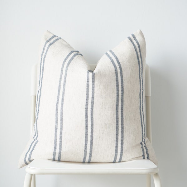 Neutral Hemp striped blue hand woven Pillow Cover