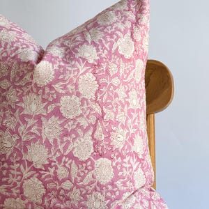 Block Print Pillow Cover: Pink Floral Batik, Indian Textile (20x20)