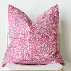 Pink Floral Block Print Pillow Cover: Indian Batik Textile