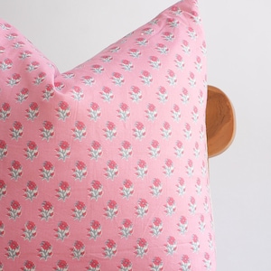 Block Print Pillow Cover: Floral Batik, Pink Farmhouse Decor (20&quot; x 20&quot;)