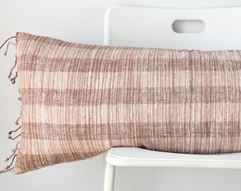 Handwoven Lumbar Pillow Cover: Vintage Karen Batik, Hemp Fringes (14" x 36")