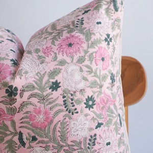 Block Print Pillow Cover: Pink Floral Botanical Design
