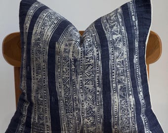 Funda de almohada vintage de cáñamo Hmong: batik azul índigo, decoración bohemia de 50 x 50 cm