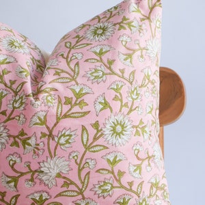 Block Print Pillow Cover: Pink Floral Botanical Design