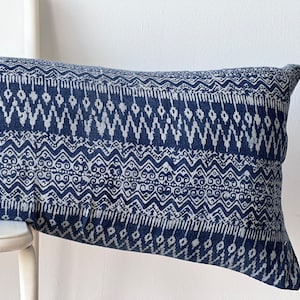Hmong Lumbar Pillow Cover: Indigo Batik, Embroidered Hemp (14x48”)
