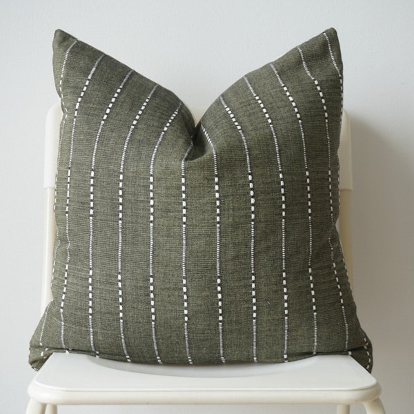 Olive Green Striped Pillow Cover: Hmong Batik, Natural Dyed
