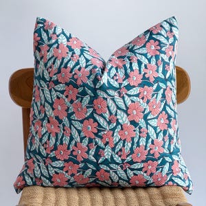 Block Print Pillow Cover: Pink Floral Botanical Design