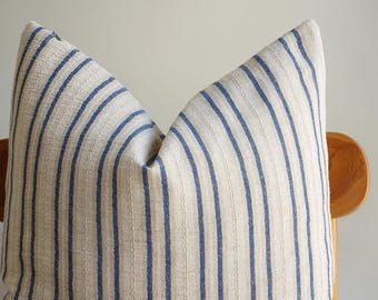 Blue Stripe Pillow Cover, Farmhouse Coastal Beige Textured Cushion, Handmade