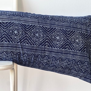 Hmong Lumbar Pillow Cover: Indigo Batik, Embroidered Hemp, Boho Farmhouse Decor (14x48”)