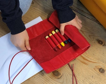 Leather roll-up pencil case for the start of school, Waldorf, roll-up pencil case