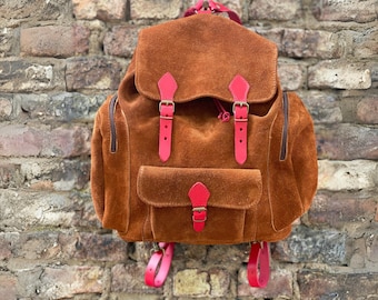 Suede backpack, leather backpack with front pocket, large LEATHER backpack