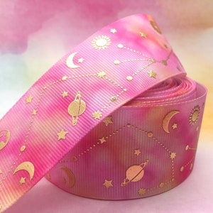 Moon and Star Gold Foil Grosgrain Ribbon 1.5" 38mm, Planet Ribbon, Celestial Ribbon, 5 Yards