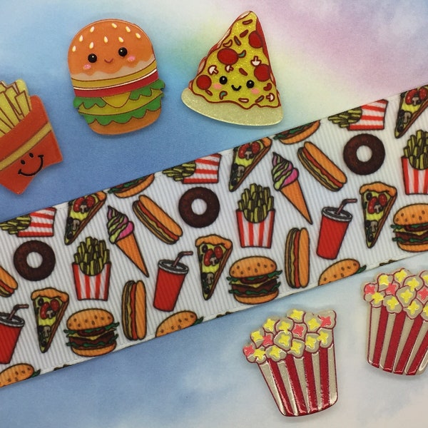 Food Grosgrain Ribbon 1 1/2" 38mm, Hamburger, Pizza, Popcorn, Fries, Sold by the Yard