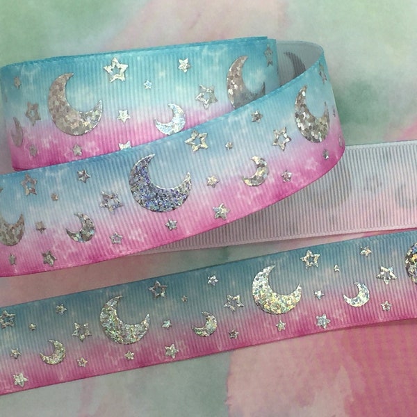 Moon and Stars Foil Grosgrain Ribbon 1" (25mm), Hair Bow Ribbon, Sold by the Yard