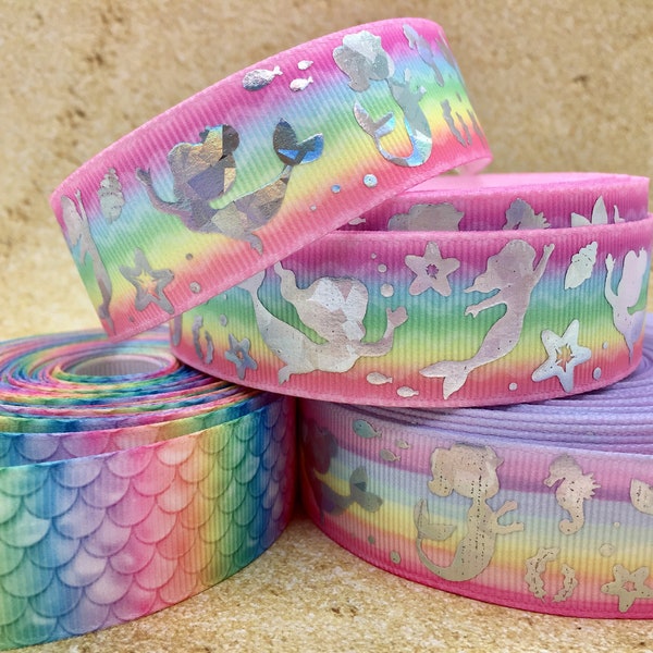 Mermaid Grosgrain Ribbon 1" 25mm, Rainbow Ribbon, Sold by the Yard