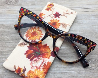 Crystal Rhinestone Cat Eye Reading Glasses +1.75, Stylish Bling Fall Eyeglasses, Soft Protective Case