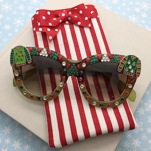 Ugly Christmas Sweater Cat Eye Bling Sunglasses for Adults, Handmade Candy Cane Striped Sunglass Case