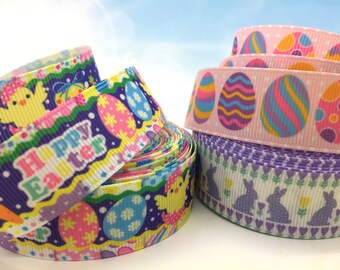 Easter Ribbon, Easter Egg Ribbon, Easter Bunny Ribbon, Happy Easter, Grosgrain Ribbon 7/8" 22mm, Sold by the Yard